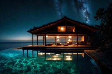 Nightfall at a hut with swimming pool, where underwater lights give the pool a luminescent and inviting glow amidst the darkness, tropical resort at night