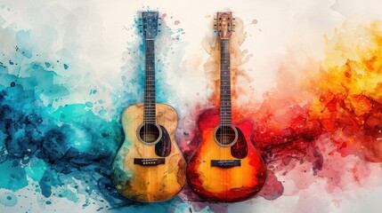Acoustic guitars amidst a watercolor fusion of blues and oranges.
 - obrazy, fototapety, plakaty