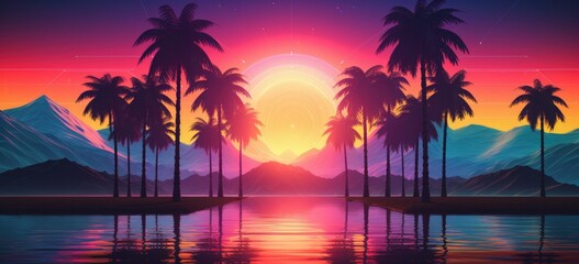 Fototapeta na wymiar Retrowave style sunset over mountains with palm trees, vibrant colors, and neon reflections Banner.