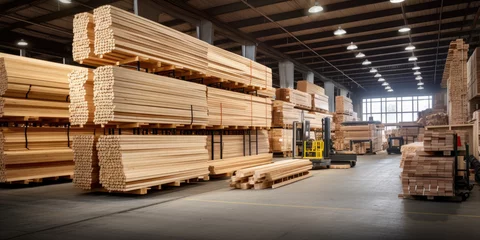 Foto op Plexiglas Brandhout textuur Stacked wooden beams in the warehouse