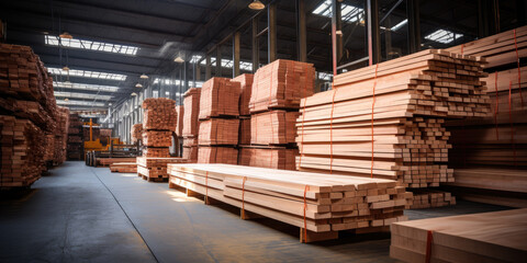 Stacked wooden beams in the warehouse
