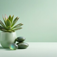 Chic and Stylish Minimalist Background with Succulent and Green Stone Corner Accent
