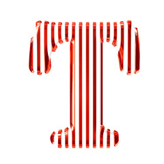 White 3d symbol with red vertical ultra thin straps. letter t