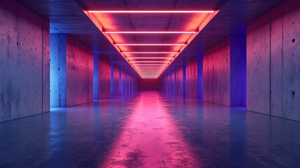 Empty concrete underground futuristic tunnel, neon light, garage. - obrazy, fototapety, plakaty