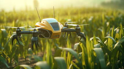 Drone flying over cornfield farm. Robotics in farming. Modern agraculture.