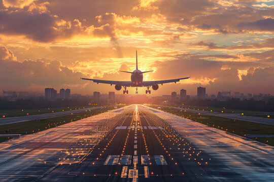 a passenger plane takes off at sunset Ai generative