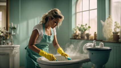  woman in apron cleaning toilet