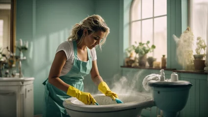Foto op Canvas  woman in apron cleaning toilet © Анастасия Макевич