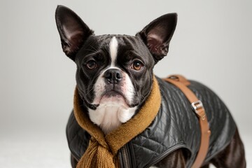 Perro, boston terrier, vestido con chaqueta, mirando a cámara, sobre fondo blanco