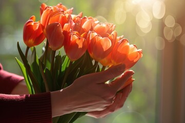 A woman holds a vibrant bouquet of red and yellow tulips to celebrate Women's Day.