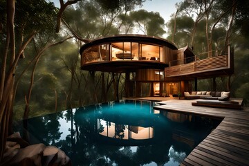 Wide-angle shot of a tree house with swimming pool, capturing its architectural elegance and the tranquil ambiance of the wilderness around. house in the woods