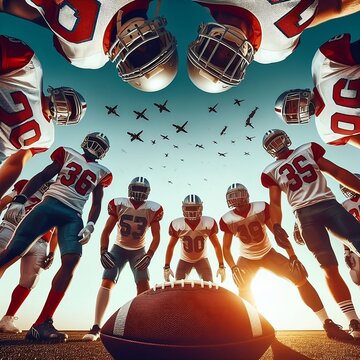 Below view of American football players on a beginning of the match  Panoramic banner design concept of super bowl sunday created with generative ai