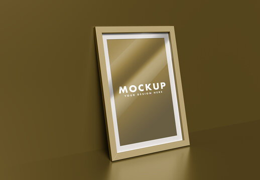 Minimalist Gold Frame Mockup on Shiny Clean Wall