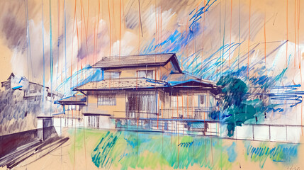 Abstract watercolor painting of a house on a watercolor background. Colorful sketch of buildings and rain.