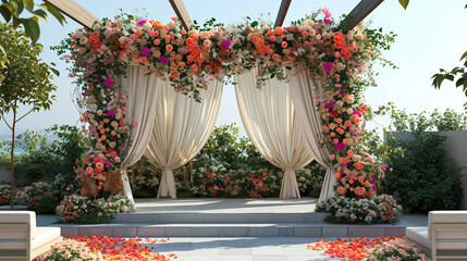 indian wedding stage decoration with flower arrangements - obrazy, fototapety, plakaty
