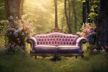 Fototapeta premium empty luxury sofa in the middle of a forest with flowers, romantic soft focus and ethereal light, sunrise