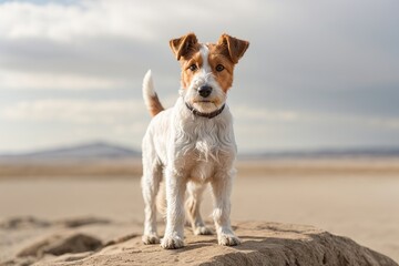 Perro fox terrier de pelo duro en medio de un paisaje desertico 
