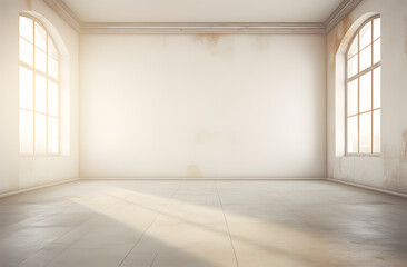 empty floor and windows in room with white wall background ai generative