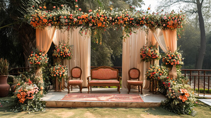 Fototapeta na wymiar indian wedding stage decoration with flower arrangements