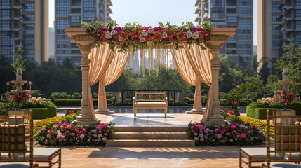 Fototapeta na wymiar indian wedding stage decoration with flower arrangements