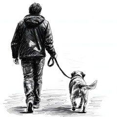 Individual taking a dog for a leisurely walk isolated on white background, sketch, png

