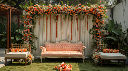 indian wedding stage decoration with flower arrangements