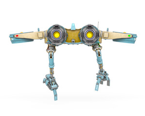 mecha harpy is landing in white background in rear view