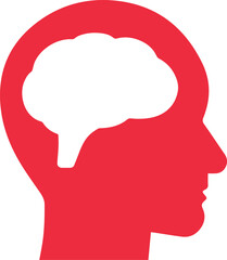 blue silhouette, human head profile, white brain icon, mind concept, cognitive symbol, A minimalist illustration of a human head in profile with a brain icon inside, on a red background