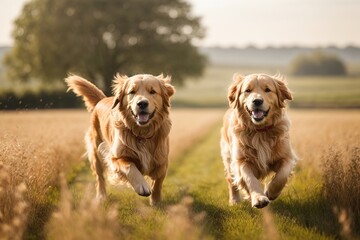 Perros golden retriever corriendo en una pradera  - obrazy, fototapety, plakaty