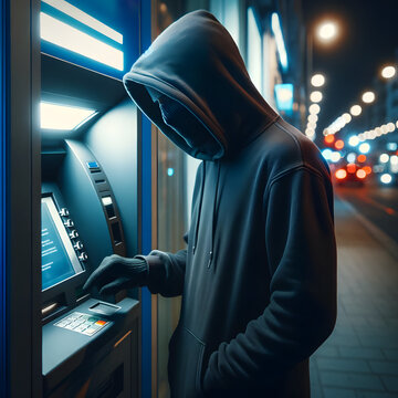 Masked thief stealing money from ATM at night