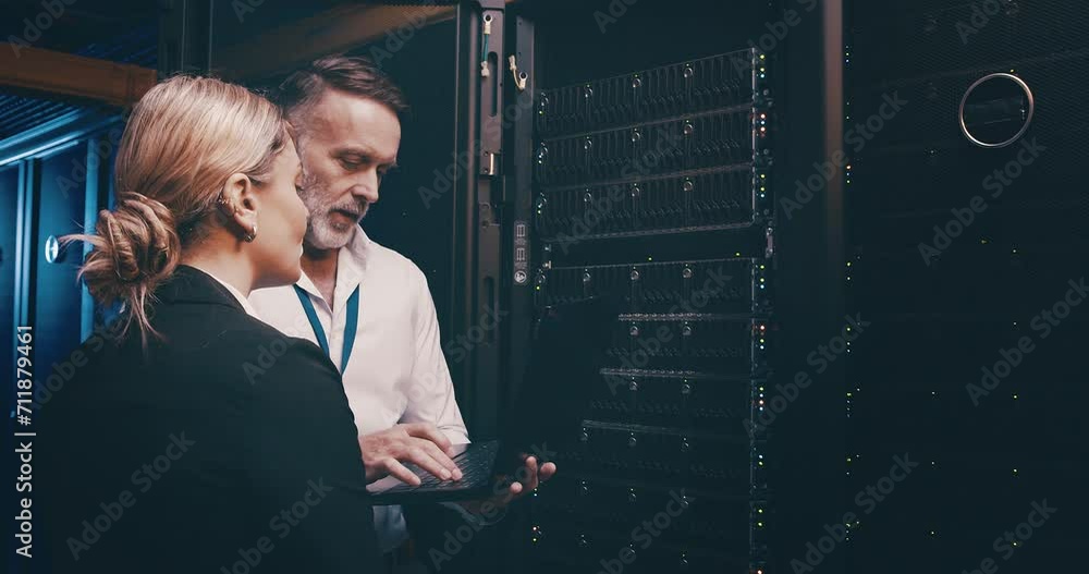 Poster Engineering, man and woman in server room with tablet, planning and network maintenance for data update. Tech support, system administration and teamwork with digital app for technician in datacenter