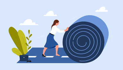 Future career construction and business success. Woman unrolling highway road roll forward to create unique own way, build professional benefits, motivation and opportunity cartoon vector illustration - obrazy, fototapety, plakaty