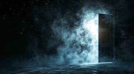 An open magic door in a dark room. Magic particles, smoke, smog