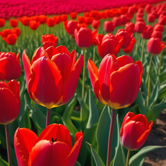 Fototapeta premium Field with red tulips close-up
