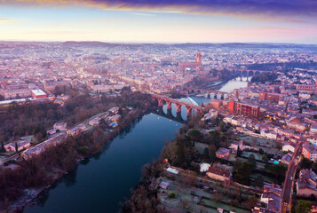 Aerial view of French city of Albi on bank of Tarn river in autumn day..