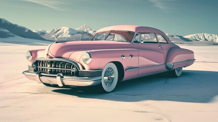 Fototapeta na wymiar Pink classic American car with Grand canyon background, wallpaper