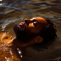 Portrait of a young african american man in water.