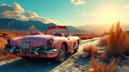 Fotobehang Auto cartoon Pink classic American car with Grand canyon background, wallpaper
