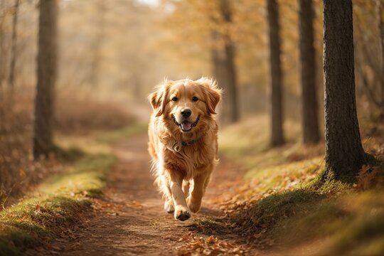 Perro golden retriever caminando en una vereda rodeada de &aacute;rboles