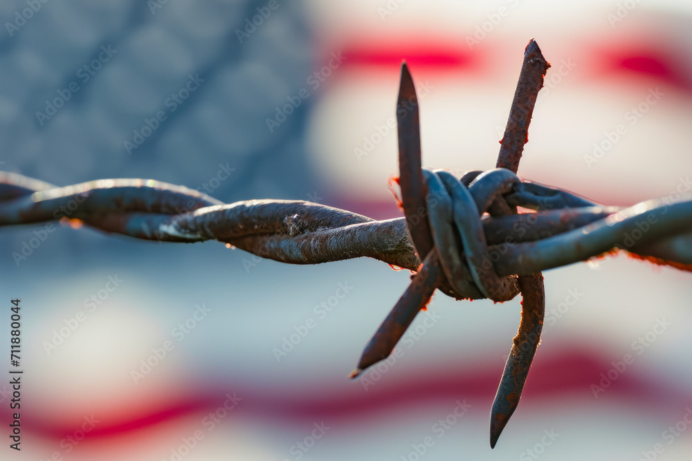 Poster us state border fence. background with selective focus and copy space