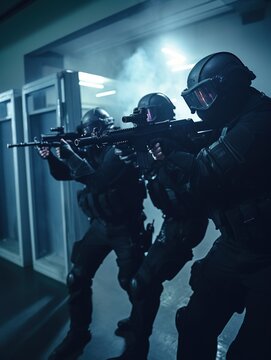 Special forces soldiers in black uniform and protective gear during a tactical operation