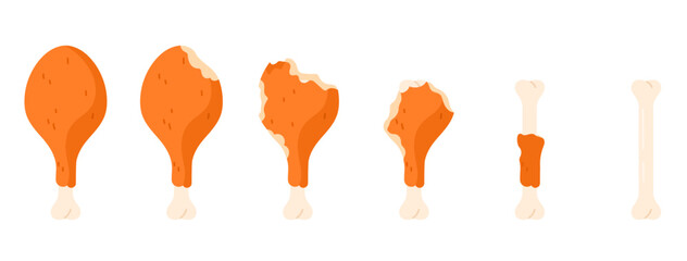 Eaten chicken drumstick set of animation sequence. Eating stages of roasted or fried crispy poultry leg with bites, whole golden crunchy thigh to bitten meat and bone cartoon vector illustration - obrazy, fototapety, plakaty