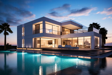 Fototapeta premium Modern luxury villa with pool and palm trees