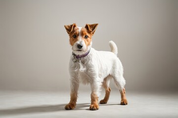 Perro fox terrier de pelo duro,  de pie, mirando a cámara, sobre fondo blanco - obrazy, fototapety, plakaty