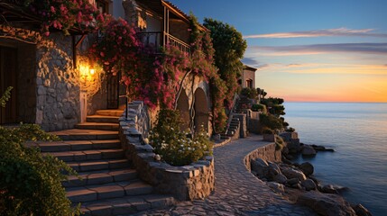 beautiful island in the evening with a ancient village, mediterranean sunset landscape with romantic lights