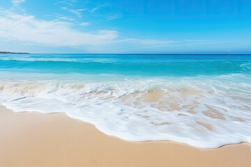 Fototapeta na wymiar Beautiful sandy beach and soft blue ocean waves, travel