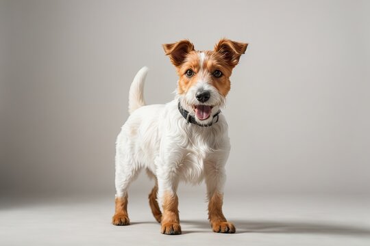 Perro fox terrier de pelo duro, sonriente, mirando a cámara, sobre fondo blanco
