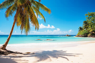 Tropical white sand beach with coconut palms and the turquoise ocean