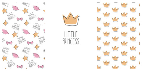 Little princess background set. Cute lettering and seamless pattern set with crown, lips, bow and star. Simple nursery art for baby girl. Vector illustration.