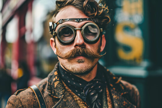 Hipster guy with a mustache and with steampunk goggles